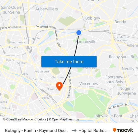 Bobigny - Pantin - Raymond Queneau to Hôpital Rothschild map