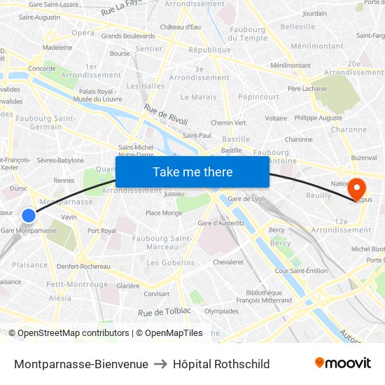 Montparnasse-Bienvenue to Hôpital Rothschild map