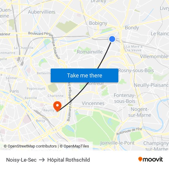 Noisy-Le-Sec to Hôpital Rothschild map