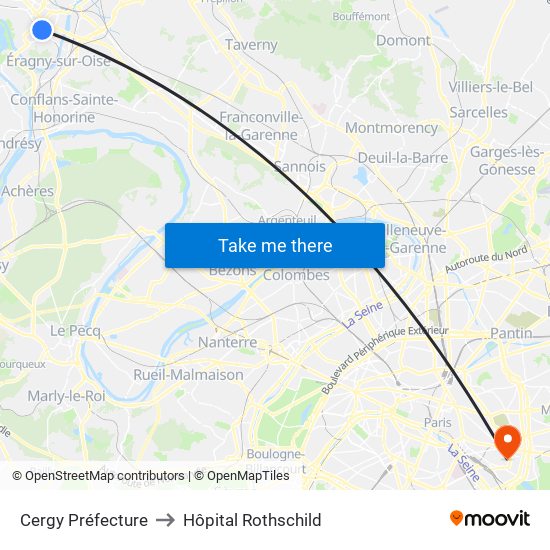 Cergy Préfecture to Hôpital Rothschild map