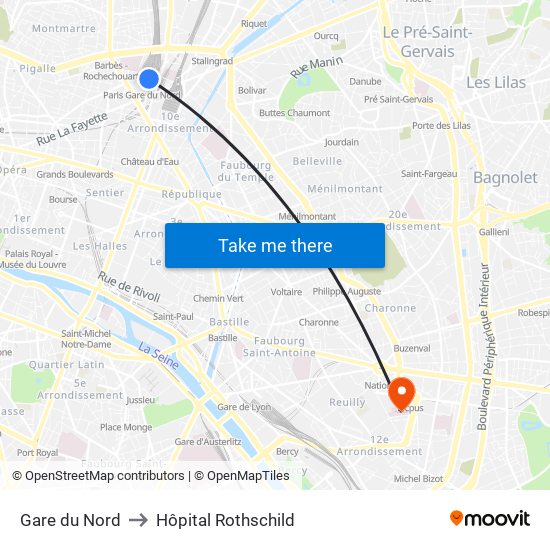 Gare du Nord to Hôpital Rothschild map