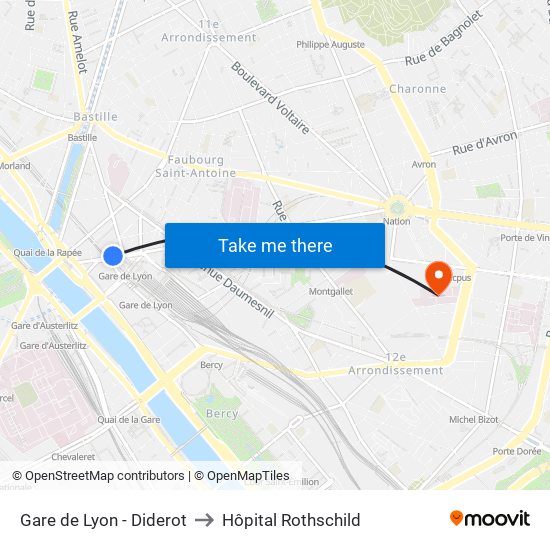 Gare de Lyon - Diderot to Hôpital Rothschild map