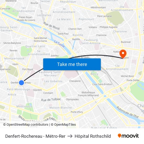Denfert-Rochereau - Métro-Rer to Hôpital Rothschild map
