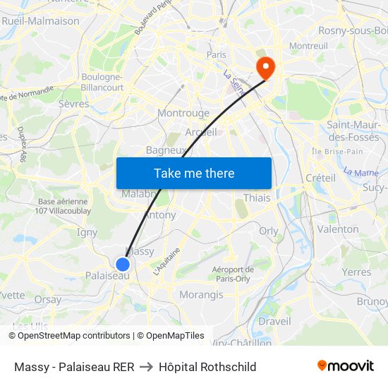 Massy - Palaiseau RER to Hôpital Rothschild map