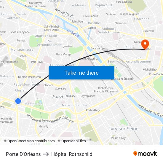 Porte D'Orléans to Hôpital Rothschild map