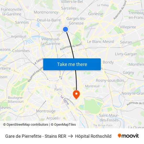 Gare de Pierrefitte - Stains RER to Hôpital Rothschild map
