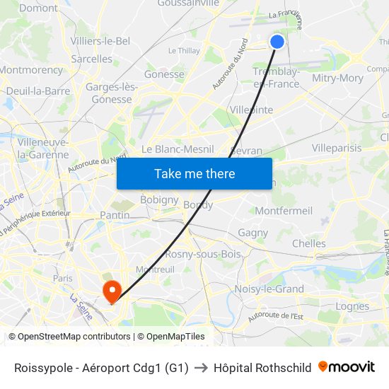 Roissypole - Aéroport Cdg1 (G1) to Hôpital Rothschild map