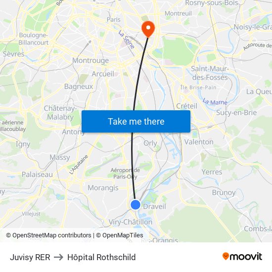 Juvisy RER to Hôpital Rothschild map