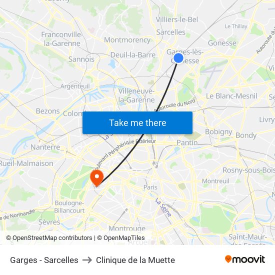 Garges - Sarcelles to Clinique de la Muette map
