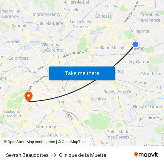 Sevran Beaudottes to Clinique de la Muette map