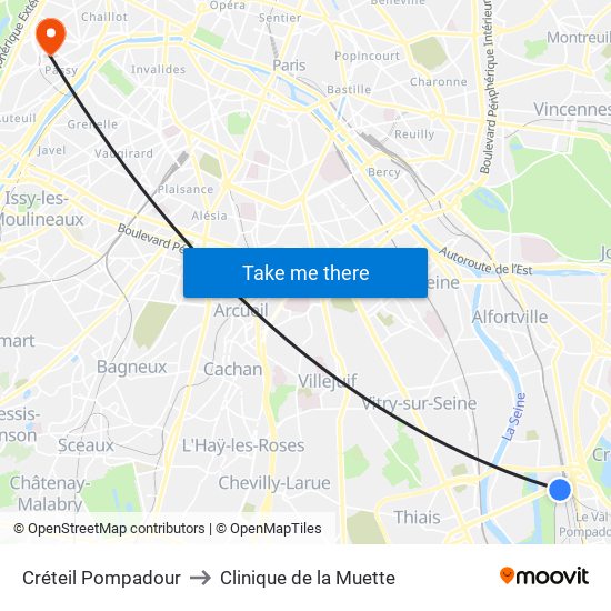 Créteil Pompadour to Clinique de la Muette map
