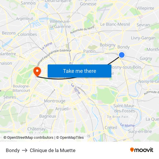 Bondy to Clinique de la Muette map