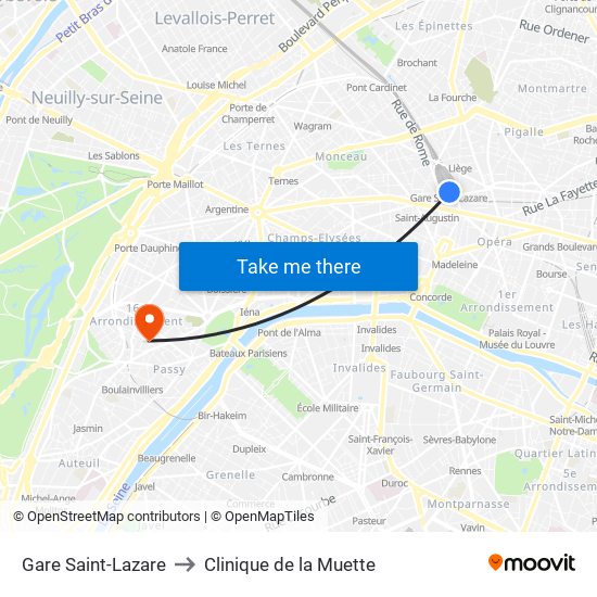 Gare Saint-Lazare to Clinique de la Muette map