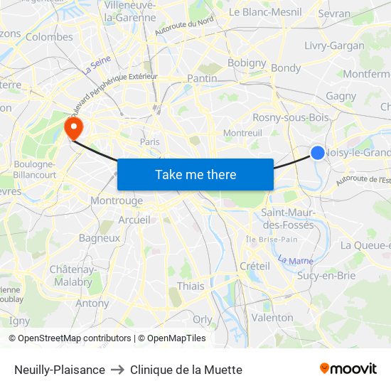 Neuilly-Plaisance to Clinique de la Muette map