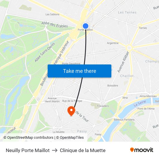 Neuilly Porte Maillot to Clinique de la Muette map