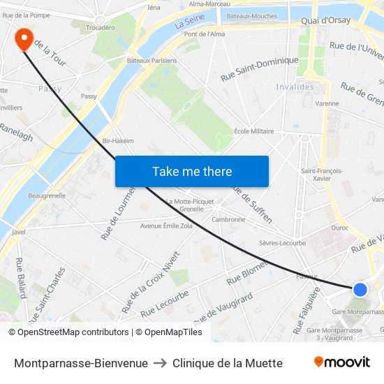 Montparnasse-Bienvenue to Clinique de la Muette map