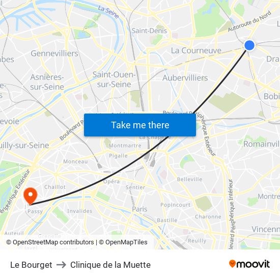 Le Bourget to Clinique de la Muette map