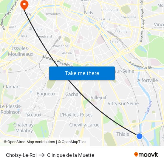 Choisy-Le-Roi to Clinique de la Muette map