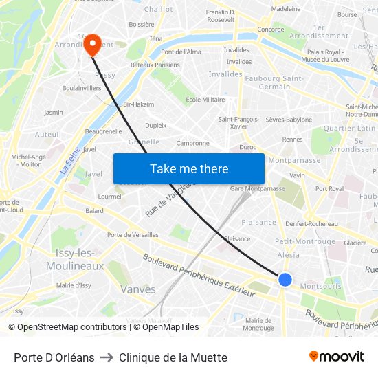 Porte D'Orléans to Clinique de la Muette map