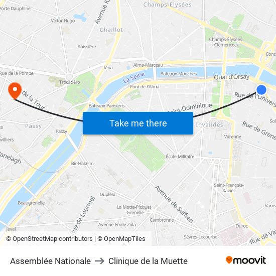 Assemblée Nationale to Clinique de la Muette map