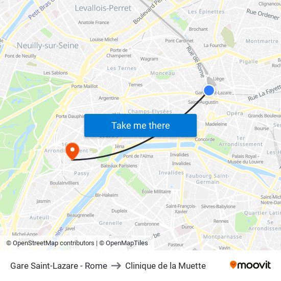 Gare Saint-Lazare - Rome to Clinique de la Muette map