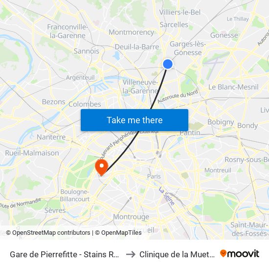 Gare de Pierrefitte - Stains RER to Clinique de la Muette map