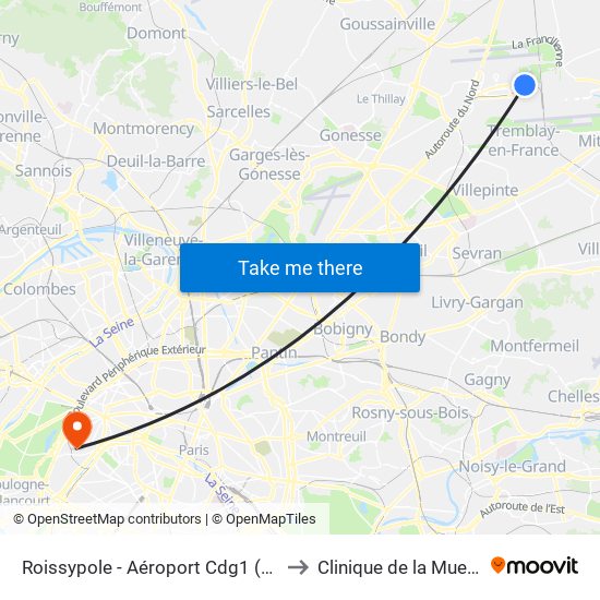 Roissypole - Aéroport Cdg1 (G1) to Clinique de la Muette map