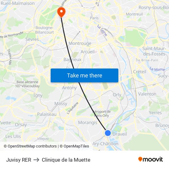 Juvisy RER to Clinique de la Muette map