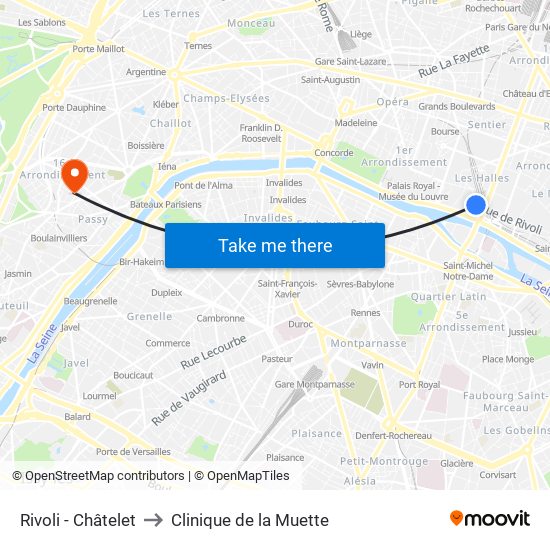 Rivoli - Châtelet to Clinique de la Muette map