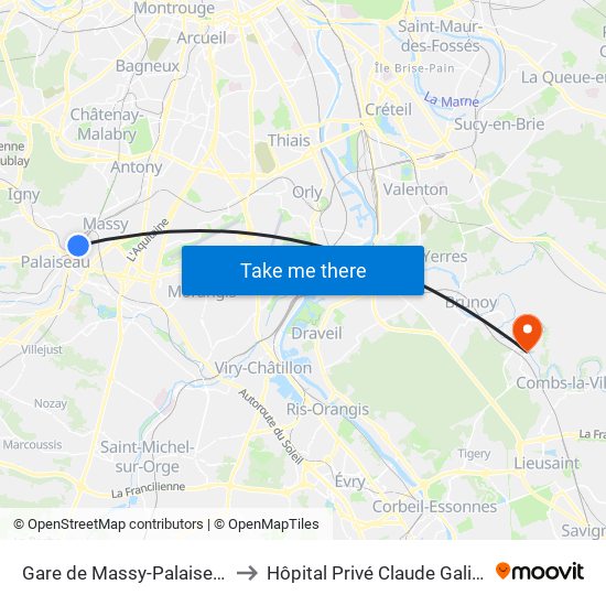 Gare de Massy-Palaiseau to Hôpital Privé Claude Galien map