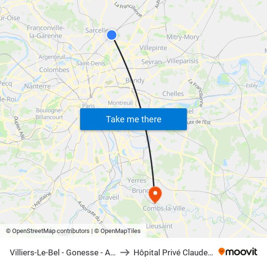 Villiers-Le-Bel - Gonesse - Arnouville to Hôpital Privé Claude Galien map