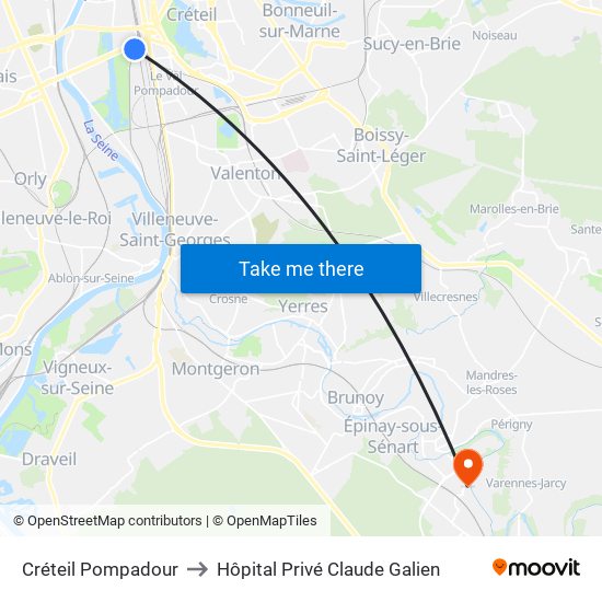 Créteil Pompadour to Hôpital Privé Claude Galien map