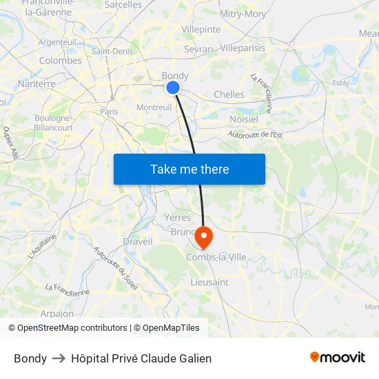 Bondy to Hôpital Privé Claude Galien map