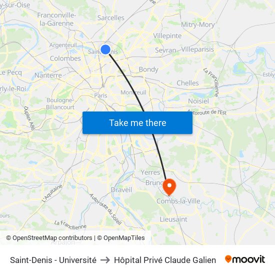 Saint-Denis - Université to Hôpital Privé Claude Galien map
