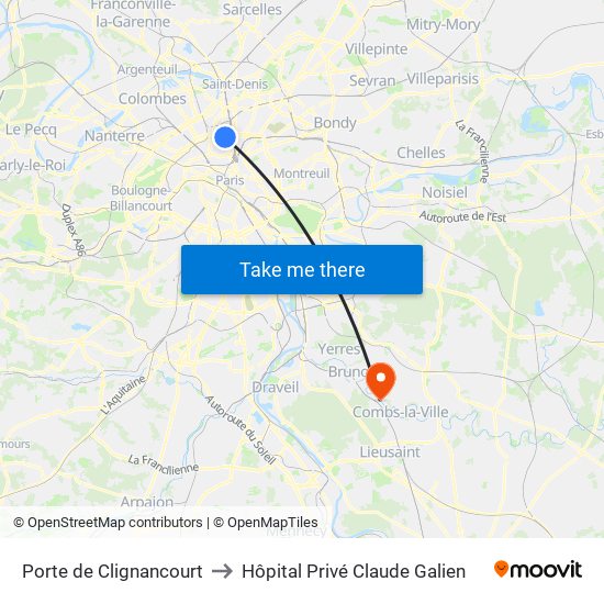 Porte de Clignancourt to Hôpital Privé Claude Galien map