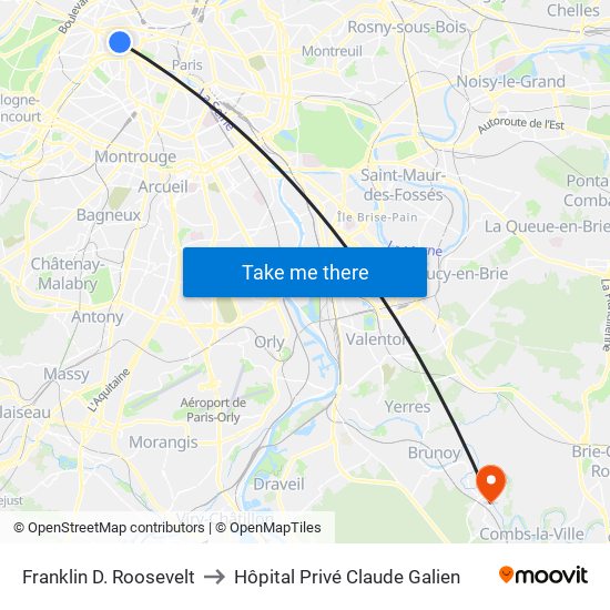 Franklin D. Roosevelt to Hôpital Privé Claude Galien map
