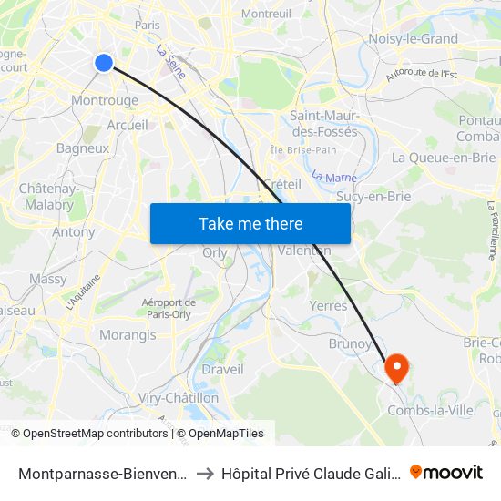Montparnasse-Bienvenue to Hôpital Privé Claude Galien map