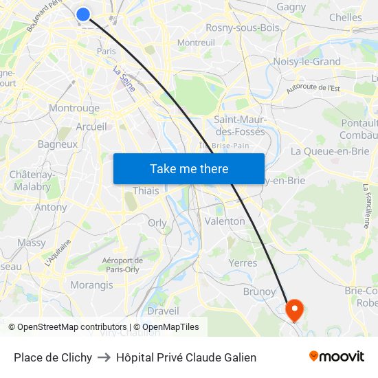 Place de Clichy to Hôpital Privé Claude Galien map