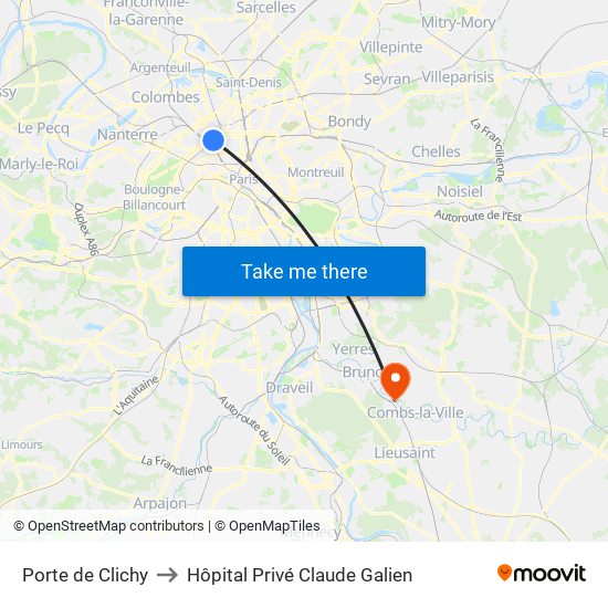 Porte de Clichy to Hôpital Privé Claude Galien map