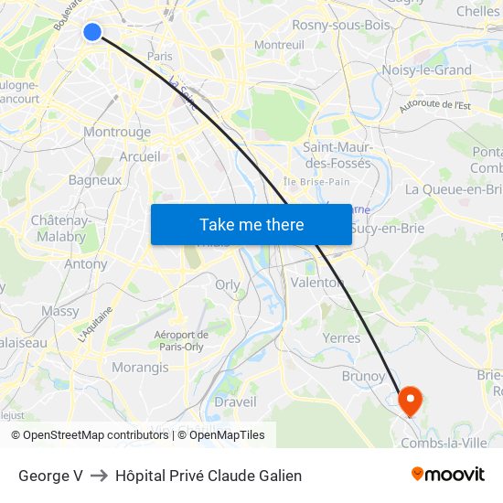 George V to Hôpital Privé Claude Galien map