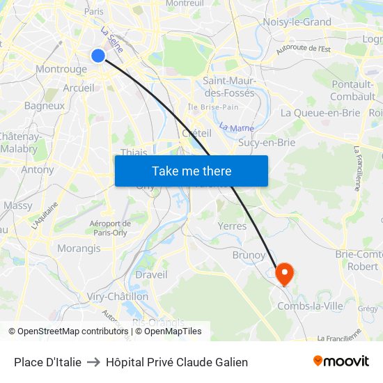 Place D'Italie to Hôpital Privé Claude Galien map