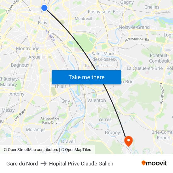 Gare du Nord to Hôpital Privé Claude Galien map