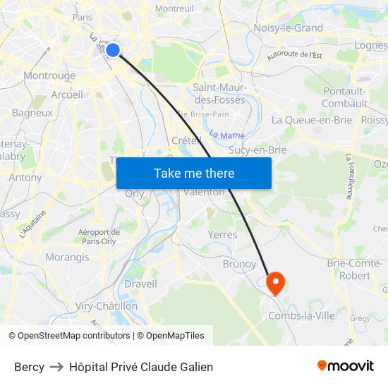 Bercy to Hôpital Privé Claude Galien map
