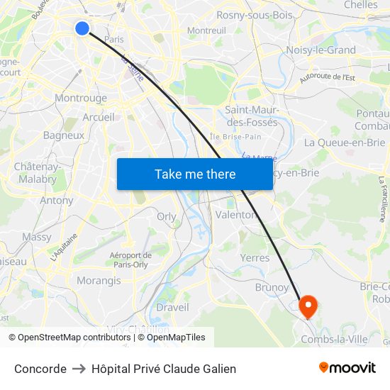 Concorde to Hôpital Privé Claude Galien map