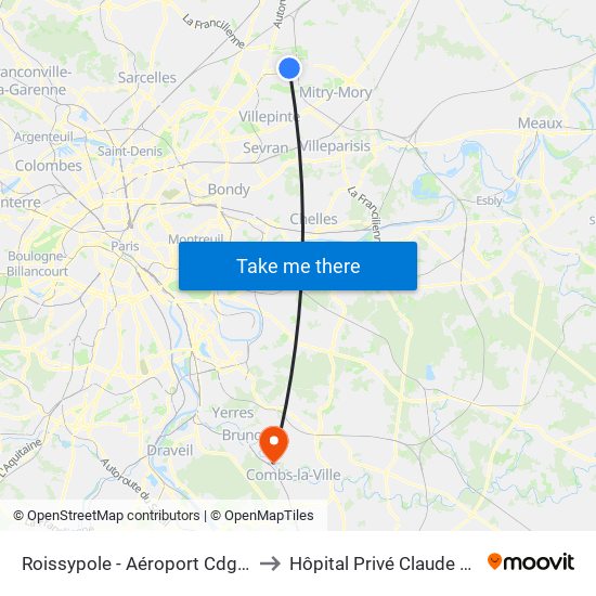 Roissypole - Aéroport Cdg1 (D3) to Hôpital Privé Claude Galien map