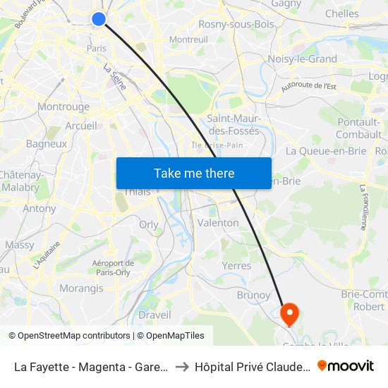 La Fayette - Magenta - Gare du Nord to Hôpital Privé Claude Galien map
