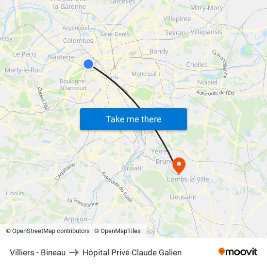 Villiers - Bineau to Hôpital Privé Claude Galien map