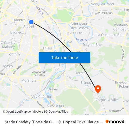 Stade Charléty (Porte de Gentilly) to Hôpital Privé Claude Galien map