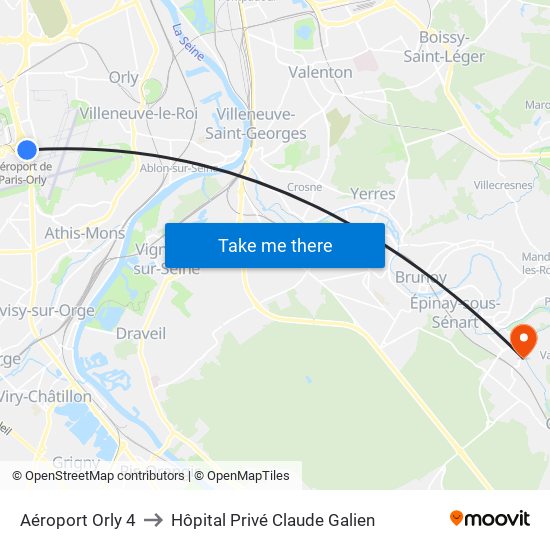 Aéroport Orly 4 to Hôpital Privé Claude Galien map