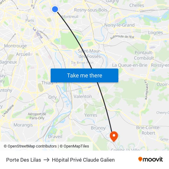 Porte Des Lilas to Hôpital Privé Claude Galien map